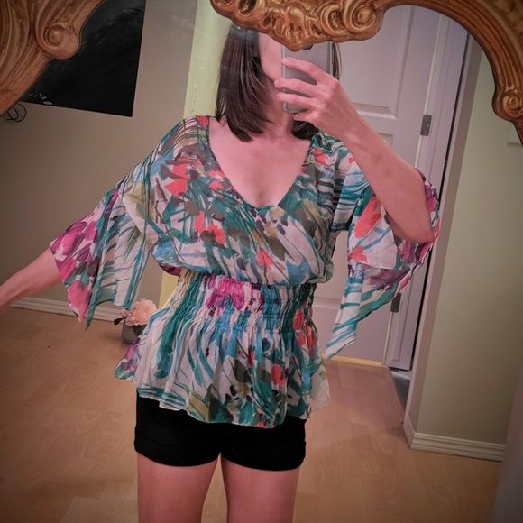 Zara S Sheer Bell Sleeve Top Blouse Ruching - Picture 3 of 3